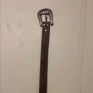 Brown Embossed Leather Belt with Silver Buckle